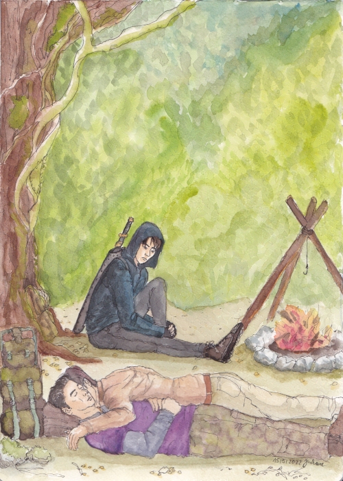 in a forest, Wu Xie sleeping cuddled with Pangzi, Xiaoge watching